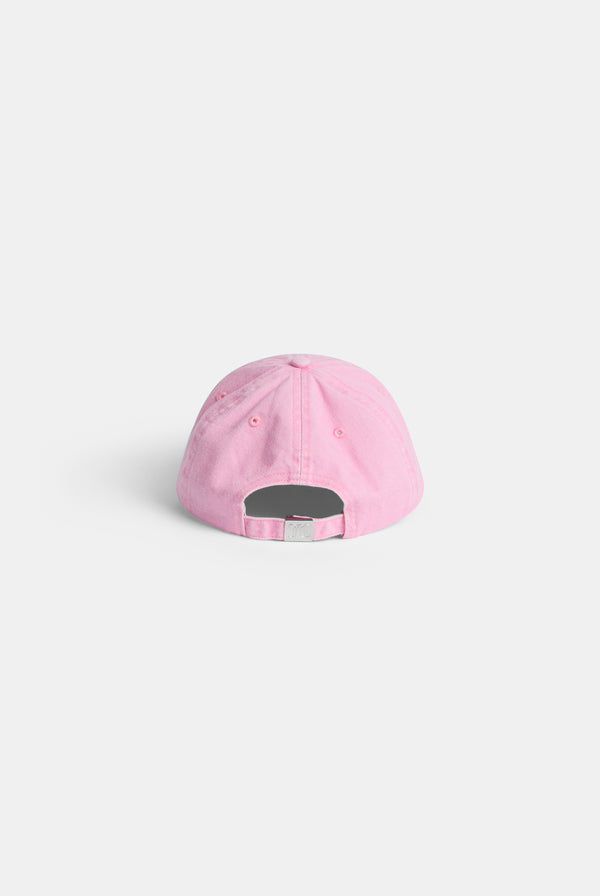 Displays the pink 'juicy' branded distressed cotton denim cap 