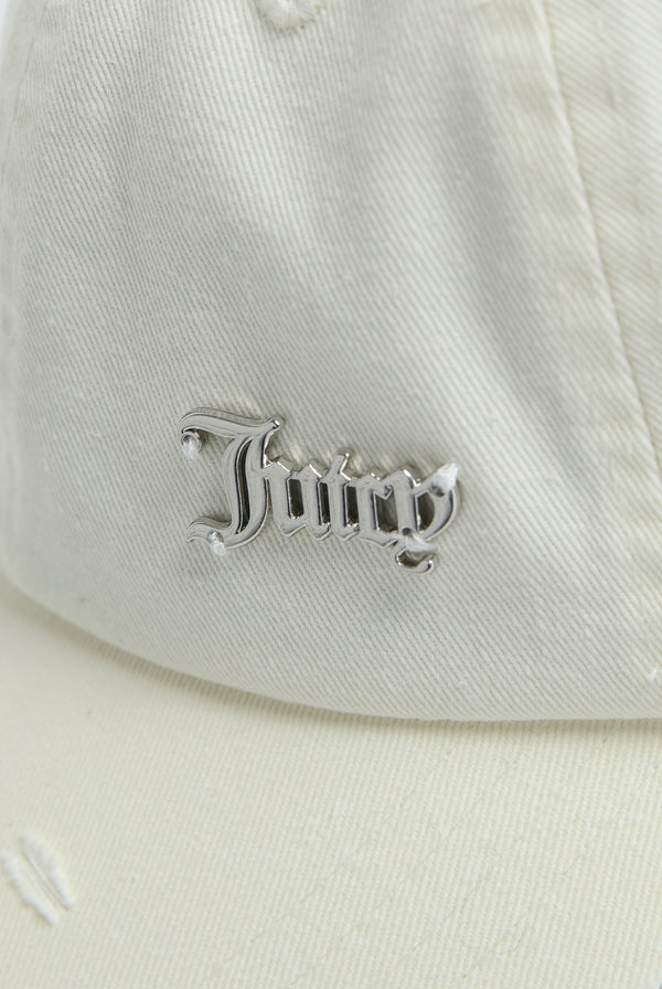 Displays the Ecru distressed 'Juicy' branded cotton denim cap featuring the juicy branding 