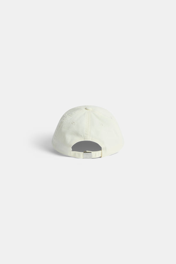 Displays the Ecru distressed 'Juicy' branded cotton denim cap 