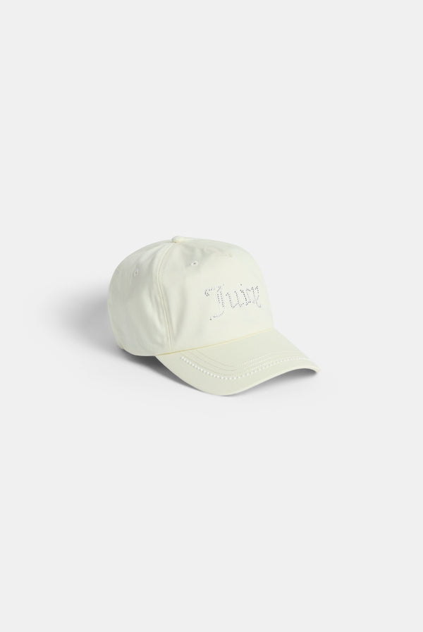 Displays the Ecru Diamanté 'Juicy' branded cotton cap 