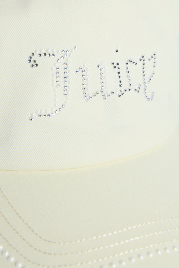 Displays the Ecru Diamanté 'Juicy' branded cotton cap featuring the juicy branding 