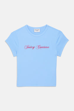 Displays the Powder Blue 'Juicy' branded Script Diamante Baby Tee