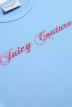 Displays the Powder Blue 'Juicy' branded Script Diamante Baby Tee featuring the details on the juicy branding 
