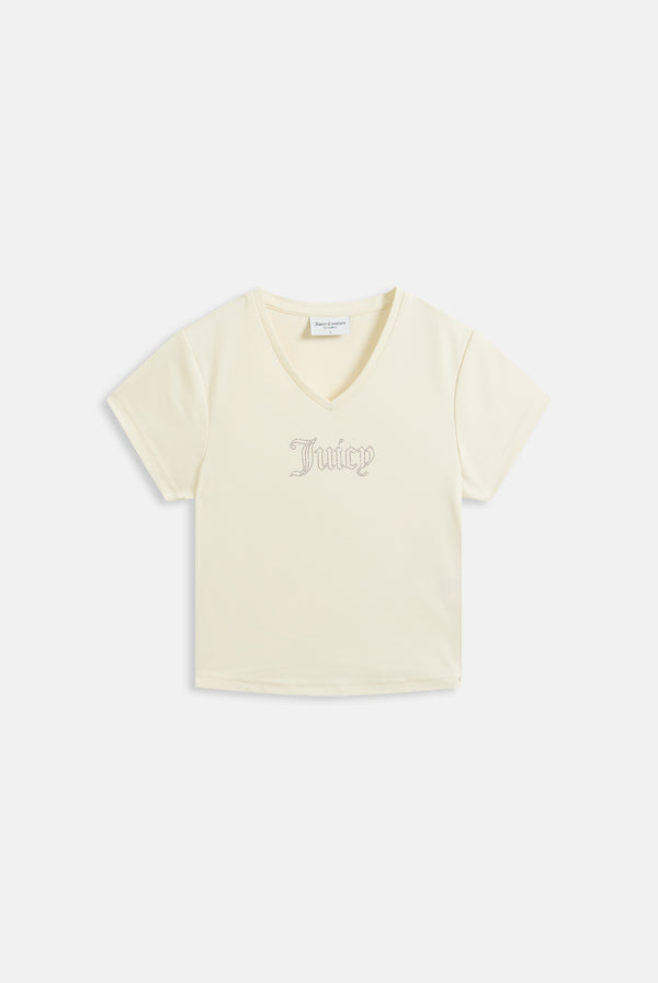 Displays the cream 'Juicy' branded diamanté V Neck T-Shirt 
