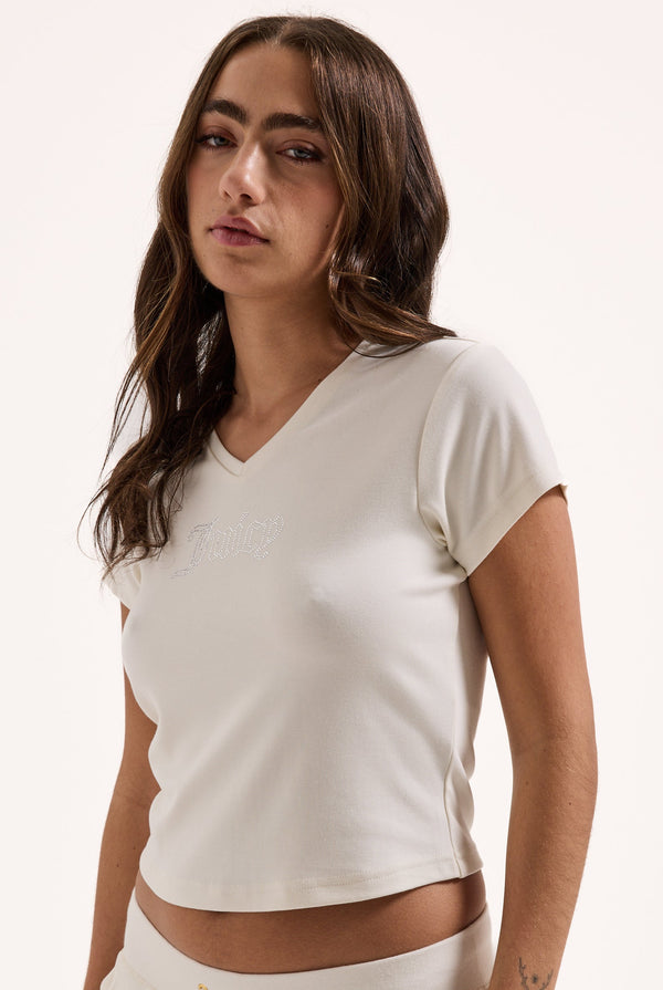 Displays a model wearing the cream 'Juicy' branded diamanté V Neck T-Shirt 