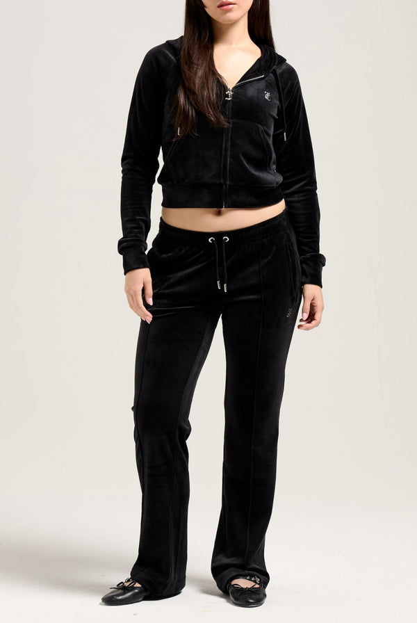 Displays a model wearing the Black 'Juicy' branded 'LEO' Diamanté velour zip through hoodie 