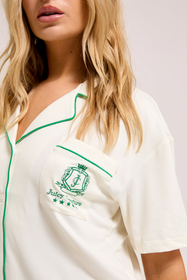 Displays a model wearing the Marshmallow 'Juicy' Branded short sleeve pyjama set 