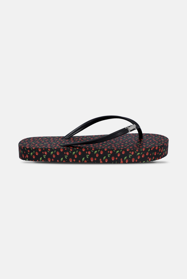 Displays a Black Cherry Print 'Juicy' branded platform flip flop