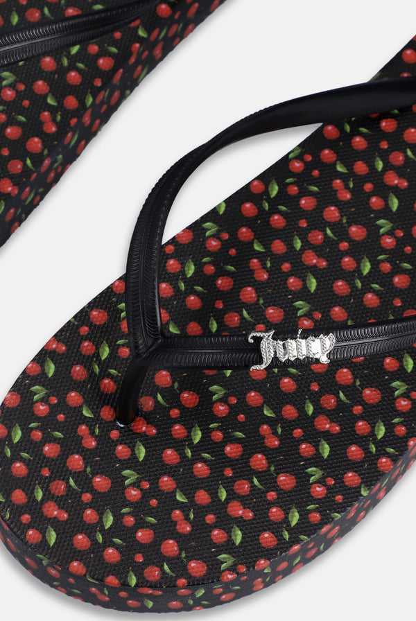 Displays a Black Cherry Print 'Juicy' branded platform flip flop