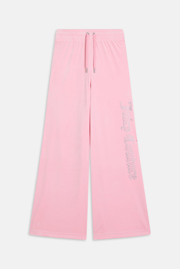 JUICY PINK OUTLINE DIAMANTÉ WIDE LEG VELOUR TRACK PANT