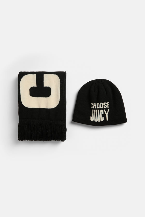 Displays a 'Choose Juicy' knitted scarf/beanie set 