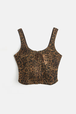 Displays a model wearing the Animal 'Juicy' branded denim lace up corset