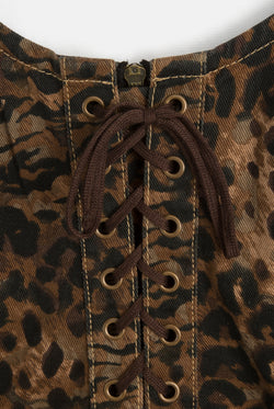 Displays the Animal 'Juicy' branded denim lace up corset featuring the details 