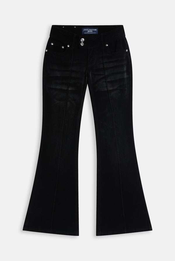 Washed Black Velour Denim Low Rise Flare Jeans