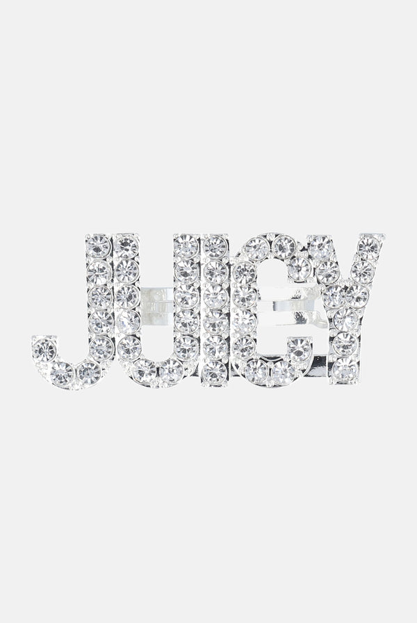 Displays the Crystal Silver 'Juicy' branded juicy hair clip 
