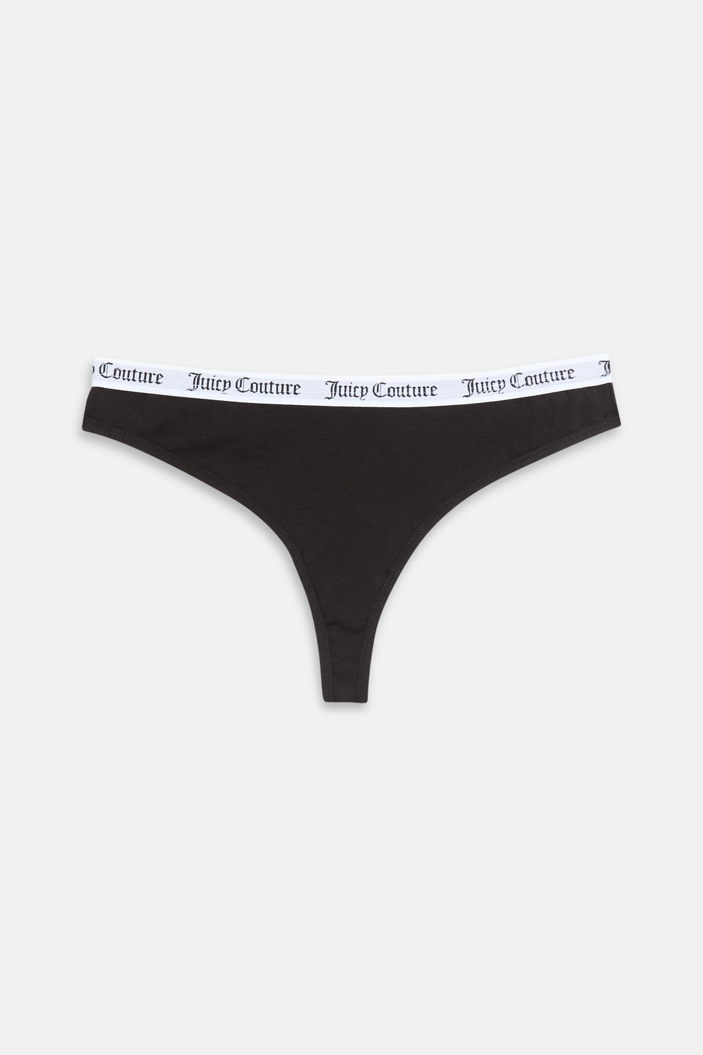 Displays the black 'Juicy' branded Cotton Branded Waistband Thongs included in the Multi Pack 