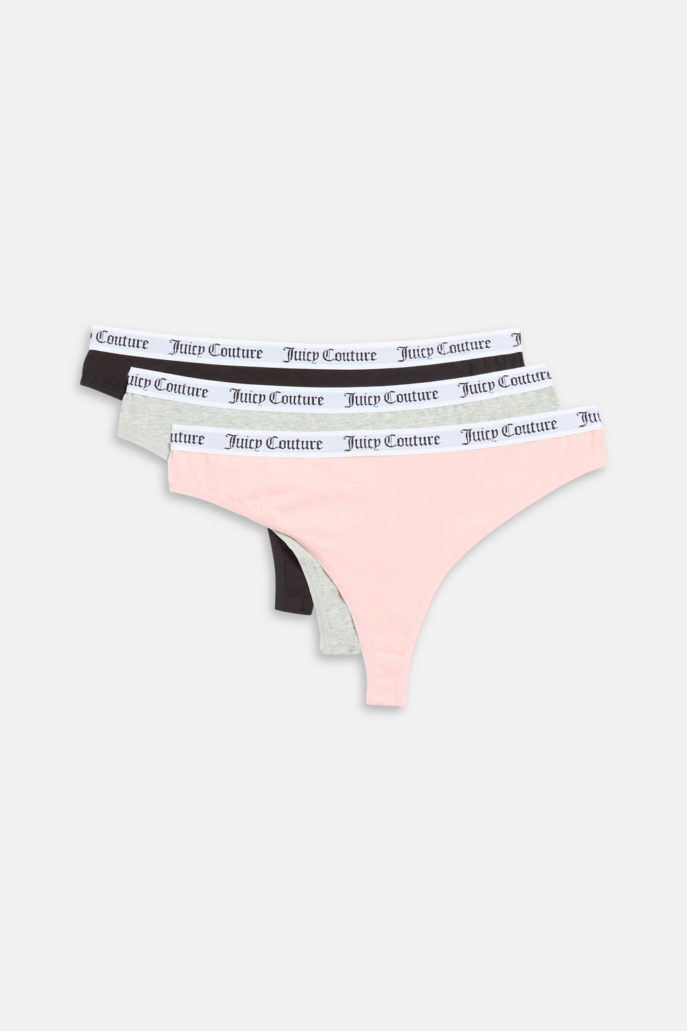 Displays all 3 of the grey, pink & black 'Juicy' branded Cotton Branded Waistband Thongs included in the Multi Pack 