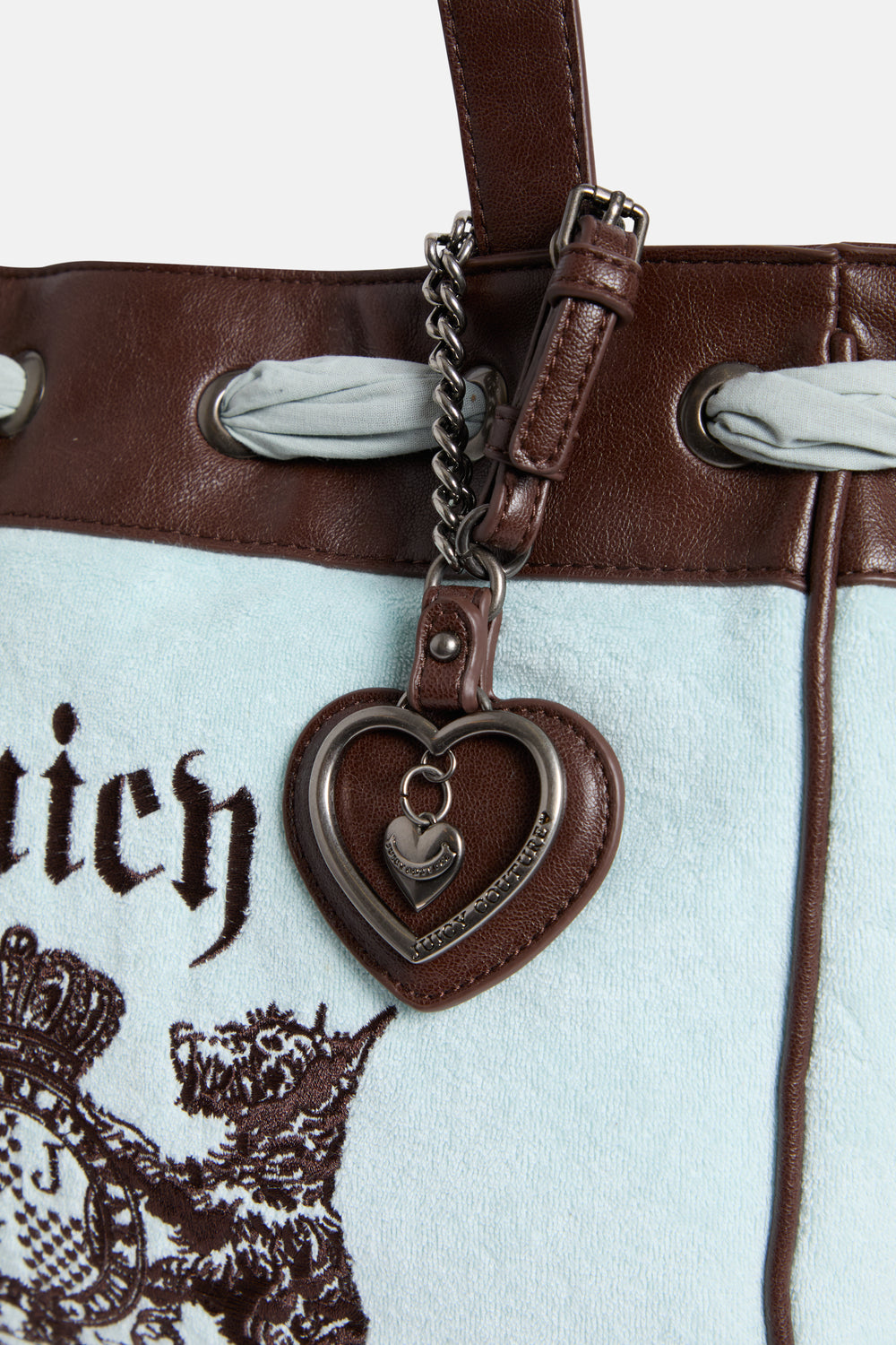 Displays the Morning Mist 'Juicy' branded Towelling Daydreamer Shopper Bag featuring the details including the juicy branded charms 