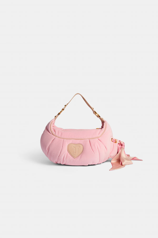 Displays the Juicy Pink 'Juicy' branded crest velour hobo bag 