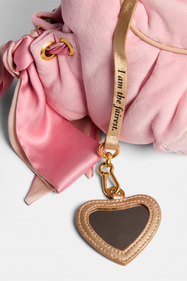 Displays the Juicy Pink 'Juicy' branded crest velour hobo bag 