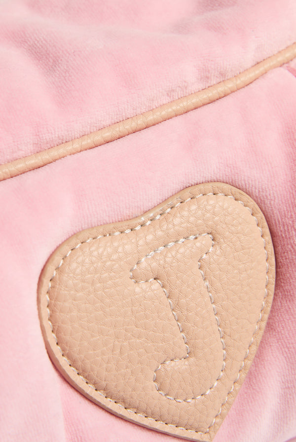 Displays the Juicy Pink 'Juicy' branded crest velour hobo bag featuring the juicy logo