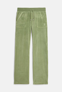 Displays the Oil Green 'Juicy' branded Classic Velour Del Ray Pocketed Bottoms