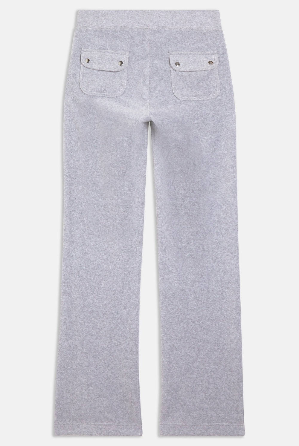 Flat-lay of the back of grey velour tracksuit bottoms, with two pockets the bottom with silver button detailing