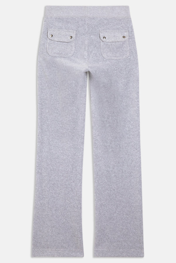Flat-lay of the back of grey velour tracksuit bottoms, with two pockets the bottom with silver button detailing