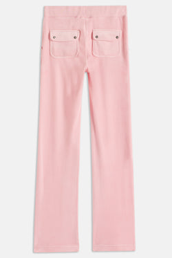 Displays the Juicy Pink Classic 'Juicy' branded velour del ray pocketed bottoms