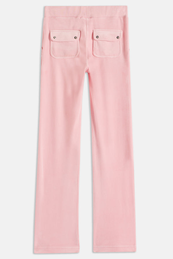 Displays the Juicy Pink Classic 'Juicy' branded velour del ray pocketed bottoms