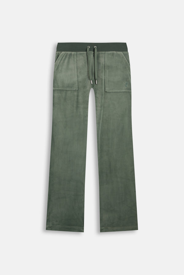 Displays the Thyme 'Juicy' branded classic velour del ray pocketed bottoms 