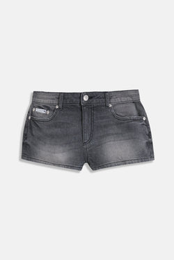 Displays the Washed Black 'Juicy' branded low rise denim booty shorts 