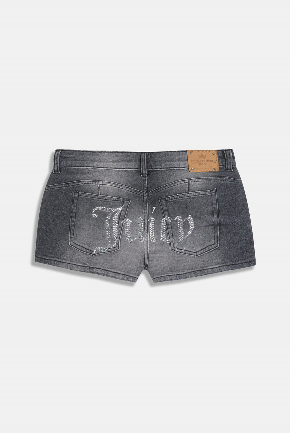 Displays the Washed Black 'Juicy' branded low rise denim booty shorts 