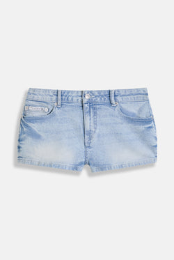 Displays the Light Wash 'Juicy' low rise denim booty short 
