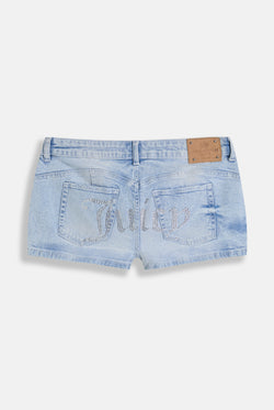 Displays the Light Wash 'Juicy' low rise denim booty short 