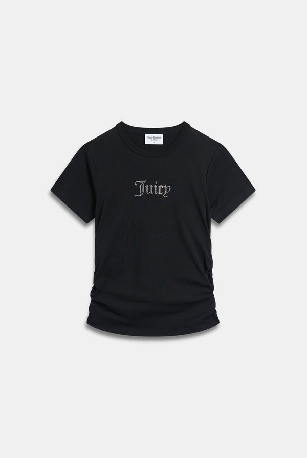 Displays the Black Diamanté 'Juicy' branded Ruched T-Shirt 