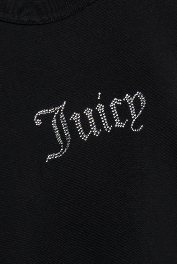 Displays the Black Diamanté 'Juicy' branded Ruched T-Shirt featuring the Logo