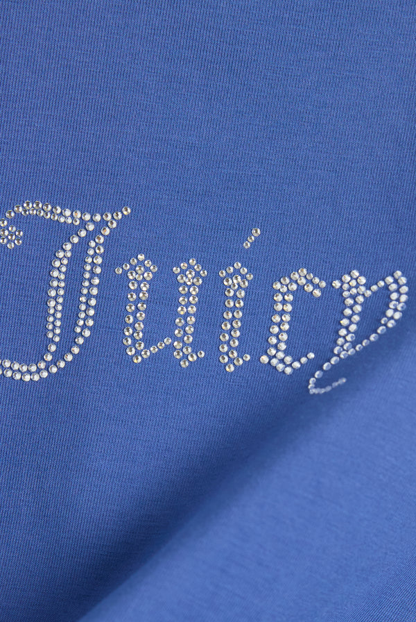 Displays the Grey Blue Diamanté 'Juicy' branded ruched T-shirt featuring the juicy Logo
