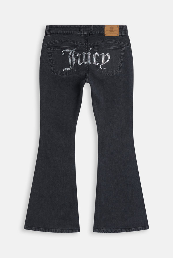Washed Black Denim Diamanté Low Rise Flare Jeans