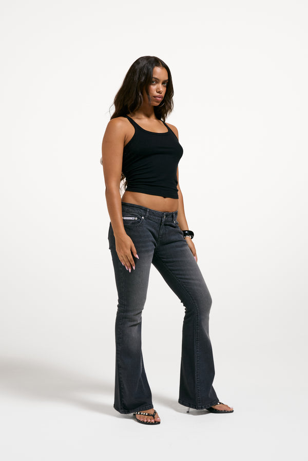 Washed Black Denim Diamanté Low Rise Flare Jeans