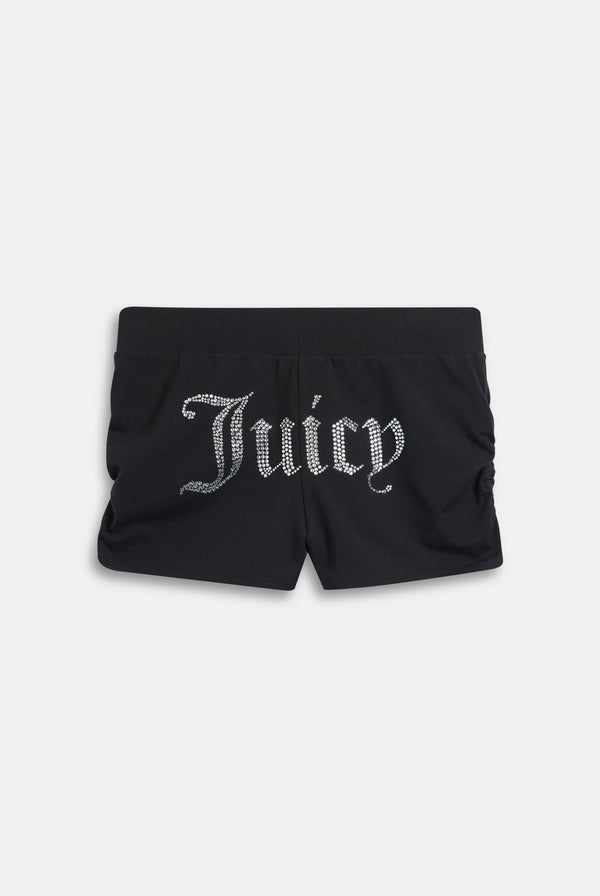Displays the model wearing the 'Black' Diamanté 'Juicy' branded ruched booty shorts