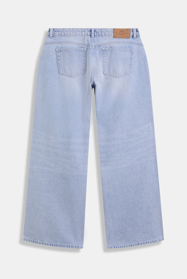 Displays the Light Wash Diamanté 'Juicy' branded wide leg jeans 