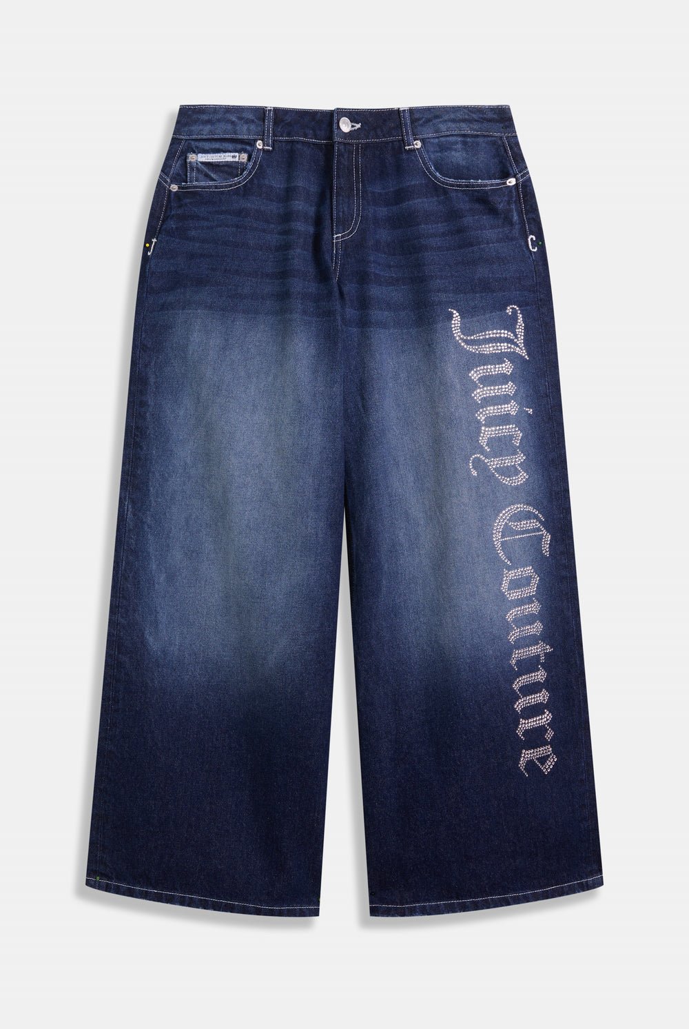 Displays the mid Wash 'Juicy' branded wide leg Diamanté jeans 