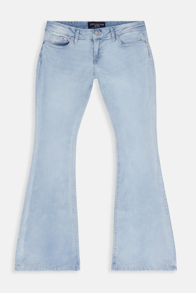 BLEACHED DENIM LOW RISE FLARE DIAMANTÉ JEANS
