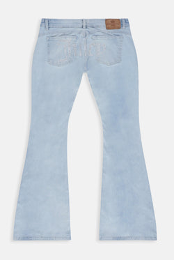 Displays the Bleached Demin 'Juicy' couture low rise flare diamanté jeans 