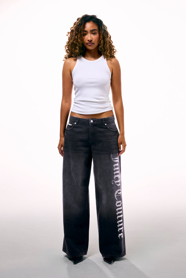 WASHED BLACK DIAMANTÉ WIDE LEG JEANS