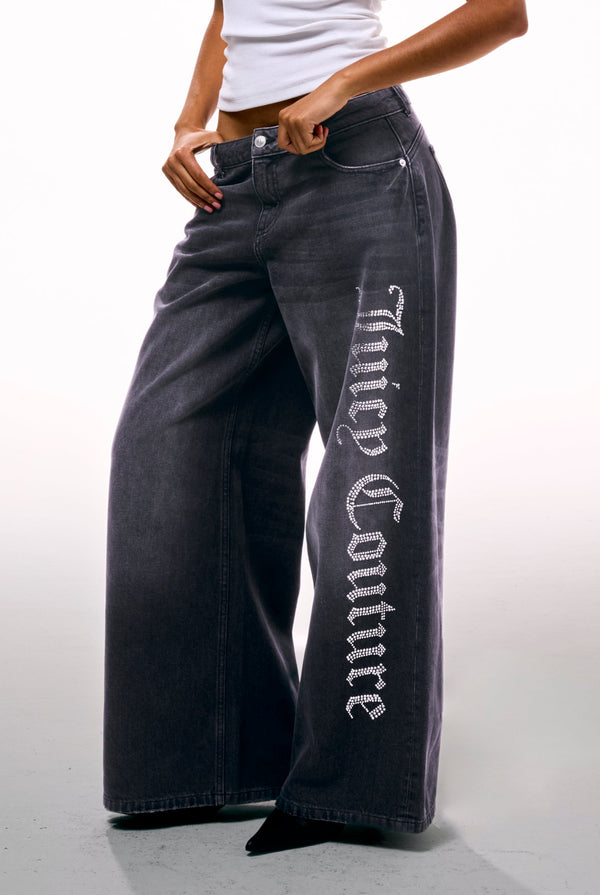 WASHED BLACK DIAMANTÉ WIDE LEG JEANS