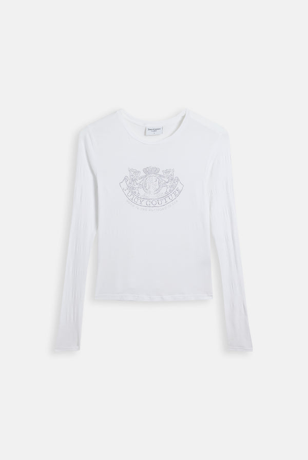 Displays the White 'Juicy' branded Diamanté Dog Crest Long Sleeve T-Shirt