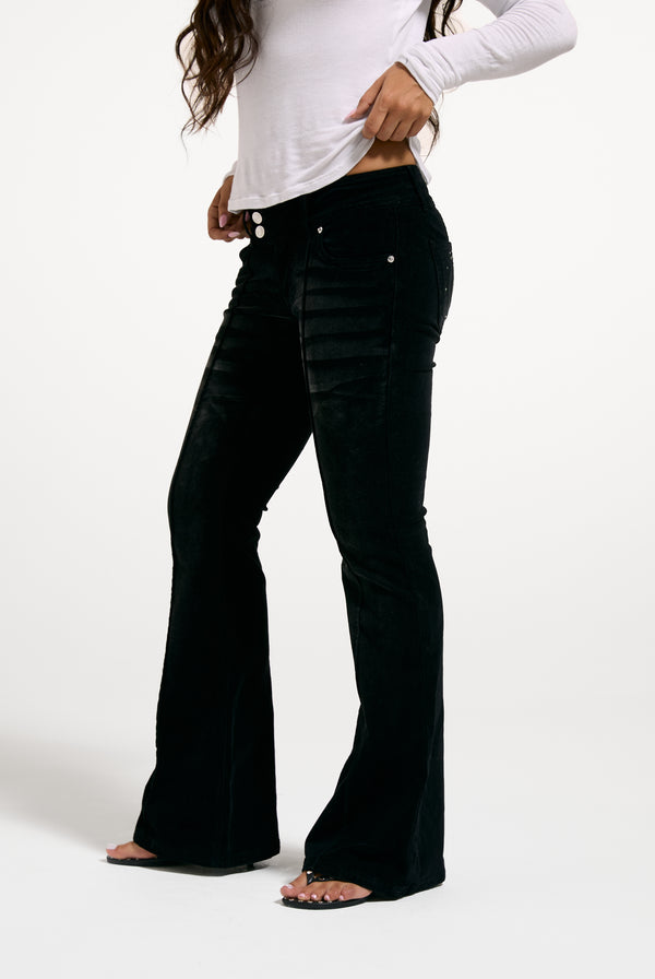 Washed Black Velour Denim Low Rise Flare Jeans