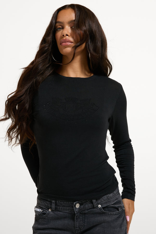 Displays a model wearing the Black 'Juicy' branded Diamanté Dog Crest Long Sleeve T-Shirt